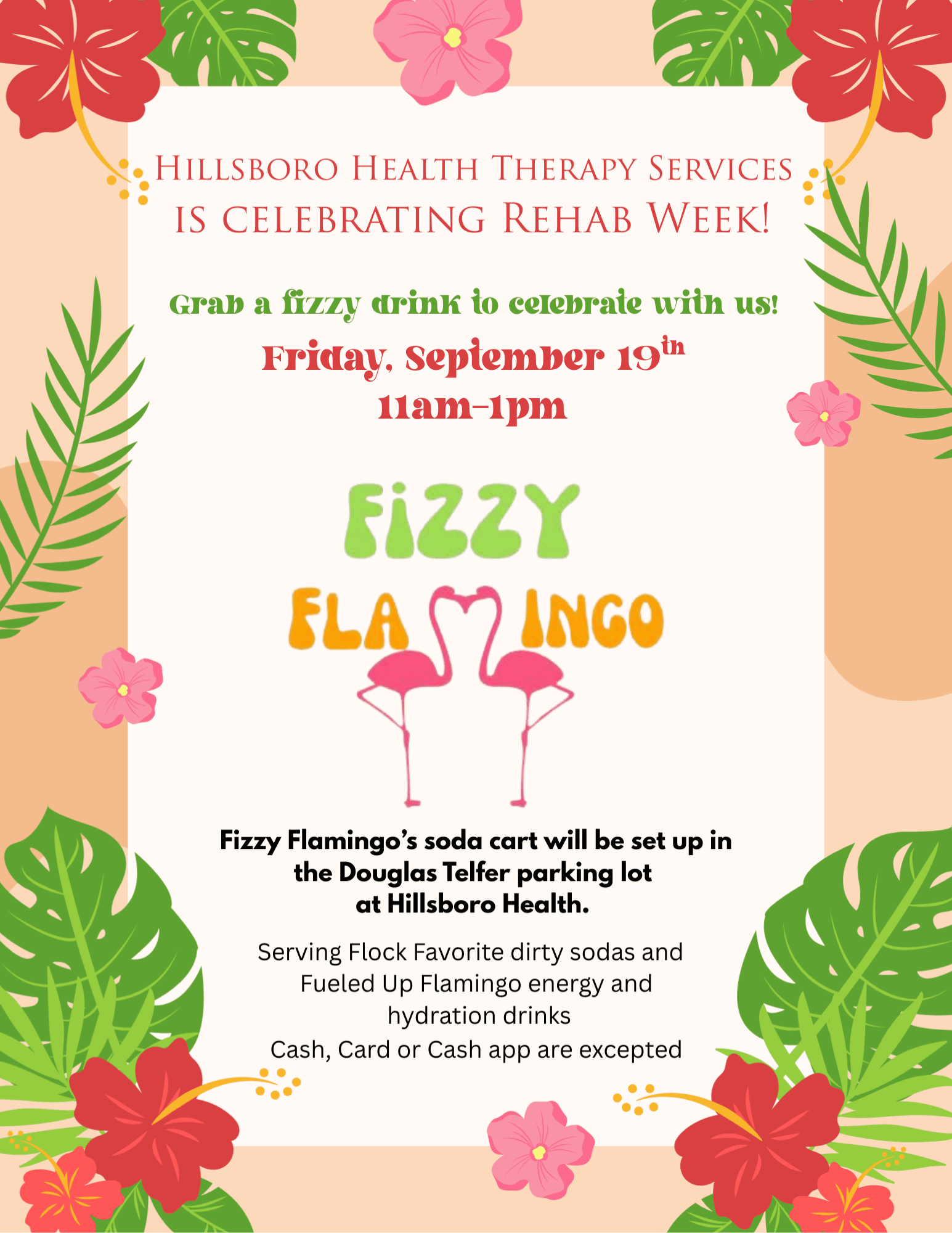 Flyer promoting Fuzzy Flamingo Soda Cart